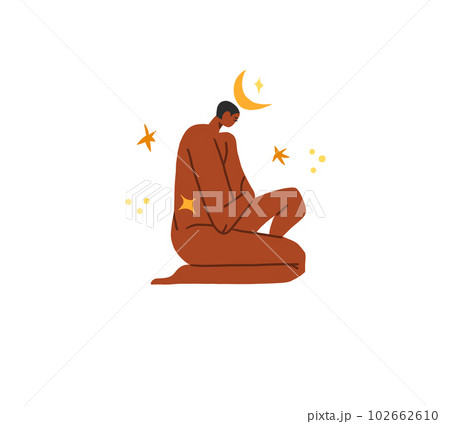 Hand drawn vector abstract modern cartoon illustration of young boho male character with abstract moon and stars in simple style.Modern man design concept.Astrology abstract people character isolated. 102662610