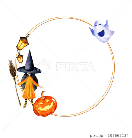 watercolour round frame of halloween theme with witch, pumpkin, ghost and lamps, hand drawn illustration for event, orange color isolated on white background watercolour round frame of halloween theme with witch, pumpkin, ghost and lamps, hand drawn illustration for event, orange color isolated on white background 102663184
