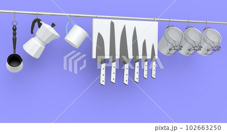 Set of kitchen utensil, stewpot, frying pan and chrome cookware hanging on shelf Set of kitchen utensil, stewpot, frying pan and chrome cookware hanging on shelf 102663250