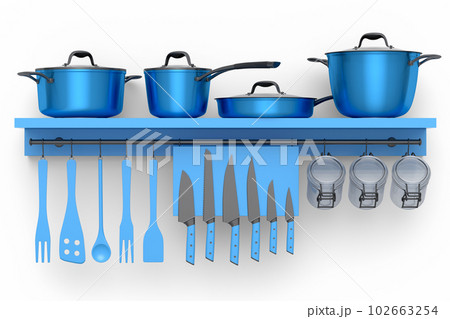 Set of kitchen utensil, stewpot, frying pan and chrome cookware hanging on shelf 102663254