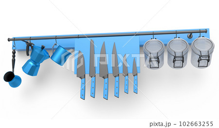 Set of kitchen utensil, stewpot, frying pan and chrome cookware hanging on shelf 102663255