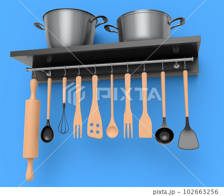 Set of kitchen utensil, stewpot, frying pan and chrome cookware hanging on shelf 102663256