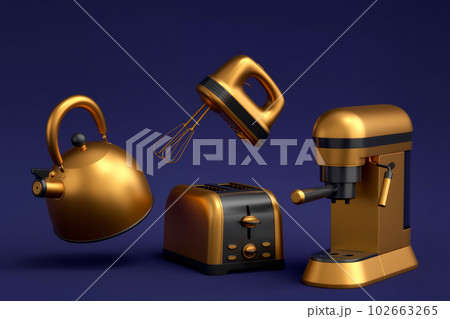 Espresso coffee machine, hand mixer, kettle and toaster on blue background. Espresso coffee machine, hand mixer, kettle and toaster on blue background. 102663265
