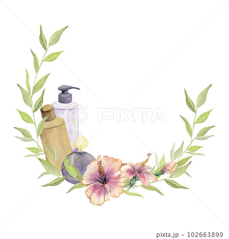 Hand drawn watercolor spa skincare bath beauty products package with flowers and leaves. Frame border. Isolated on white background. Design for wellness resort, print, fabric, cover, card, booklet. 102663899