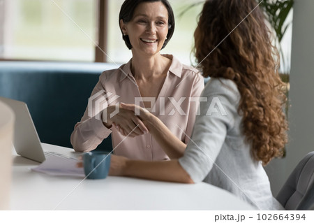 Mature businesswoman makes deal, handshake company client Mature businesswoman makes deal, handshake company client 102664394