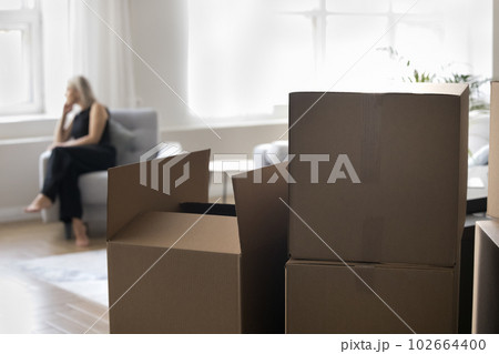 Close up focus on stacked paper boxes for moving, cargo 102664400