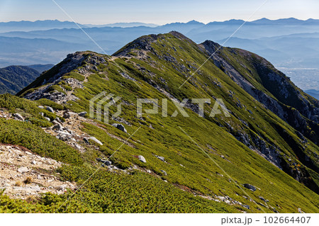 浄土乗越付近から見る中央アルプス・伊那前岳と南アルプス・八ヶ岳の山並み 浄土乗越付近から見る中央アルプス・伊那前岳と南アルプス・八ヶ岳の山並み 102664407