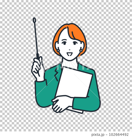 指示棒を持って説明するスーツを着た若い女性のシンプルなベクターイラスト素材 102664492