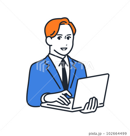 ノートパソコンを持って説明する若いビジネスマンのシンプルなベクターイラスト素材 102664499