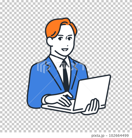 Simple vector illustration material of a young businessman explaining with a laptop 102664499