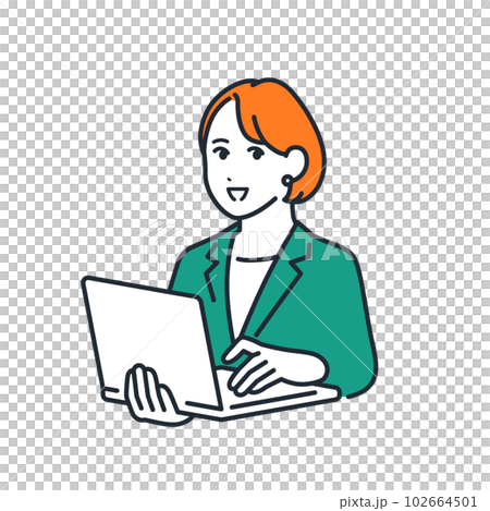 Simple vector illustration material of a young business woman explaining with a laptop 102664501