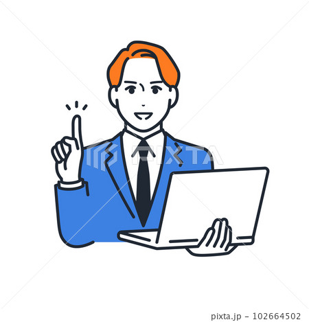 PCを持って説明するスーツを着た若い男性のシンプルなベクターイラスト素材 102664502