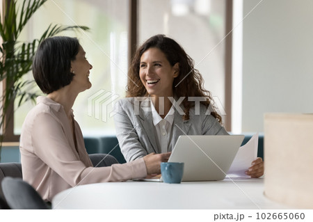 Two businesswomen working in office, laughing, joking during workflow 102665060