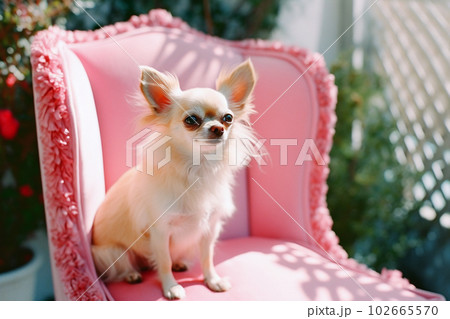 Chihuahua dog sitting on a pink chair 102665570