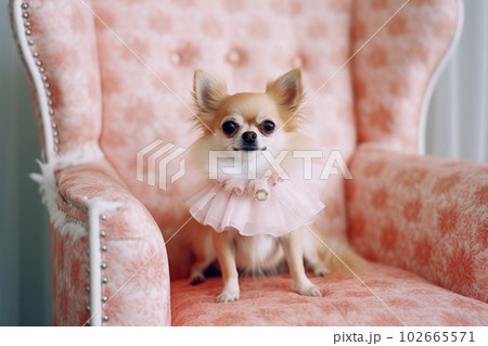 Chihuahua dog sitting on a pink chair 102665571