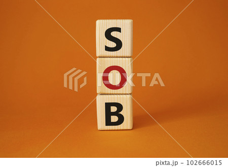 SOB - Shortness of breath symbol. Wooden cubes with words SOB. Beautiful orange background. Medical and SOB concept. Copy space. SOB - Shortness of breath symbol. Wooden cubes with words SOB. Beautiful orange background. Medical and SOB concept. Copy space. 102666015