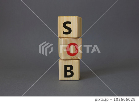SOB - Shortness of breath symbol. Wooden cubes with words SOB. Beautiful grey background. Medical and SOB concept. Copy space. SOB - Shortness of breath symbol. Wooden cubes with words SOB. Beautiful grey background. Medical and SOB concept. Copy space. 102666029