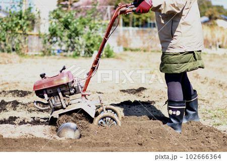 家庭菜園で野菜作りをする女性　農業女子　耕運機で畑を耕す女性 102666364