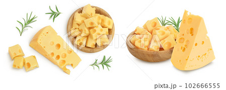 piece of cheese isolated on white background . Top view. Flat lay 102666555