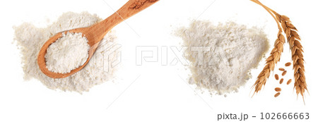 Pile of flour in wooden spoon isolated on white background. Top view. Flat lay Pile of flour in wooden spoon isolated on white background. Top view. Flat lay 102666663