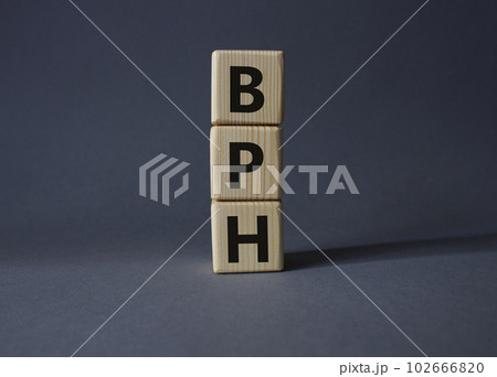 BPH - Benign Prostatic Hyperplasia symbol. Wooden cubes with word BPH. Beautiful grey background. Medical and BPH concept. Copy space. BPH - Benign Prostatic Hyperplasia symbol. Wooden cubes with word BPH. Beautiful grey background. Medical and BPH concept. Copy space. 102666820