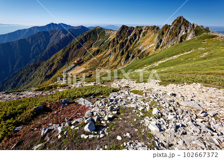 伊那前岳付近から見る紅葉の中央アルプス・宝剣岳と千畳敷カール・空木岳への山並み 102667372