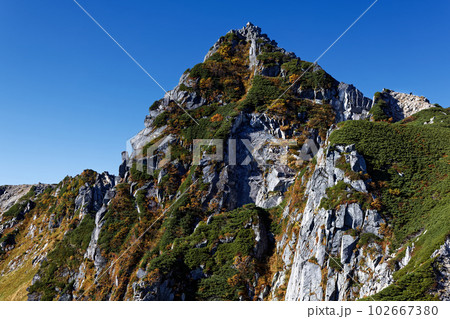 浄土乗越付近から見る秋色の中央アルプス・宝剣岳 102667380