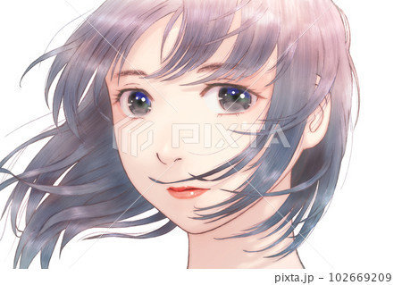 風が吹く中にいる女の子の線画カラーイラスト　花びら=無　涙=無　陰影薄め 102669209