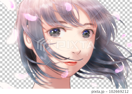 A line drawing color illustration of a girl in the midst of dancing petals and the wind Petals = Yes Tears = Yes 102669212