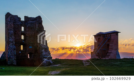 Ruins of the medieval Novogrudok castle (Belarus) at dawn. Sunrise over the ruins 102669929