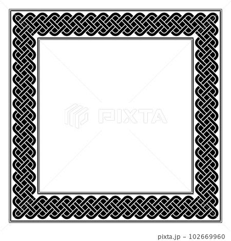Square frame with guilloche knot pattern. Border made of endless repeated motifs of the Solomons knot, consisting of three interlaced and interwoven lines, framed by black lines. Isolated. Vector. Square frame with guilloche knot pattern. Border made of endless repeated motifs of the Solomons knot, consisting of three interlaced and interwoven lines, framed by black lines. Isolated. Vector. 102669960
