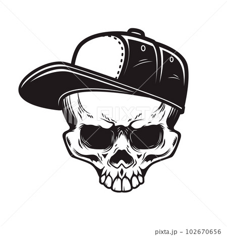 Illustration of skull in baseball cap in monochrome style. Design element for logo, emblem, sign, poster, card, banner. Vector illustration Illustration of skull in baseball cap in monochrome style. Design element for logo, emblem, sign, poster, card, banner. Vector illustration 102670656