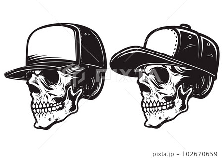 Set of Illustrations of skull in baseball cap in monochrome style. Design element for logo, emblem, sign, poster, card, banner. Vector illustration Set of Illustrations of skull in baseball cap in monochrome style. Design element for logo, emblem, sign, poster, card, banner. Vector illustration 102670659