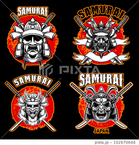 Set of vintage monochrome illustrations of samurai helmets and crossed swords. Design element for logo, label, sign, poster, t shirt. Vector illustration Set of vintage monochrome illustrations of samurai helmets and crossed swords. Design element for logo, label, sign, poster, t shirt. Vector illustration 102670688