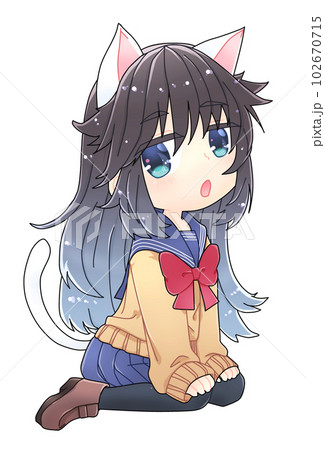 黒髪白猫耳セーラー服少女のイラスト素材 [102670715] - PIXTA