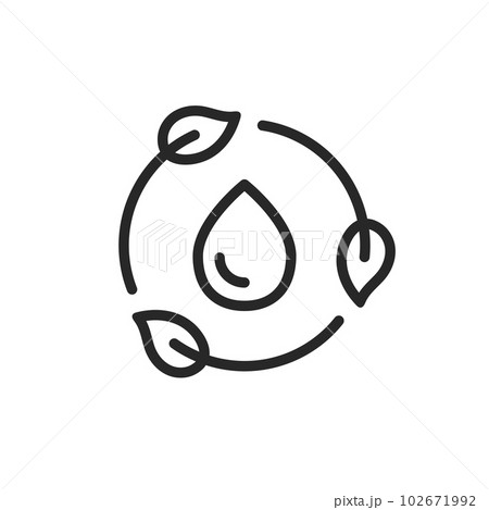 Water Saving Recycle Icon. Vector Editable Thin Outline Concept Eco-Friendly Circle of Leaves Surrounding a Water Drop for Conservation and Sustainability. 102671992