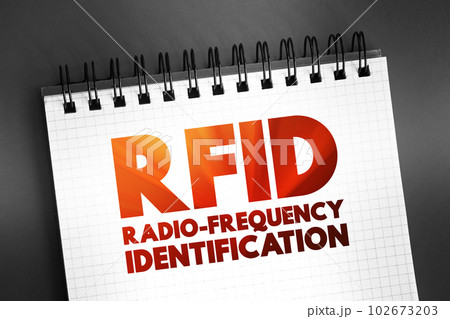 RFID Radio-Frequency Identification - electromagnetic fields to automatically identify and track tags attached to objects, text concept on notepad RFID Radio-Frequency Identification - electromagnetic fields to automatically identify and track tags attached to objects, text concept on notepad 102673203