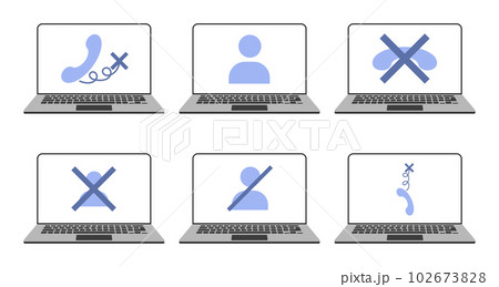 Laptop with wireless not connected on screen. Flat vector simple icon. Icon no connect. Video call icons Laptop with wireless not connected on screen. Flat vector simple icon. Icon no connect. Video call icons 102673828