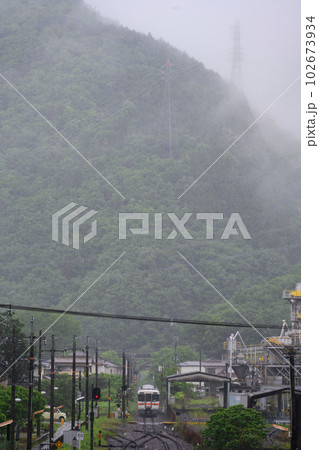 激しく雨の降るローカル線の駅を出て行く列車。背景に森が迫っている。 102673934