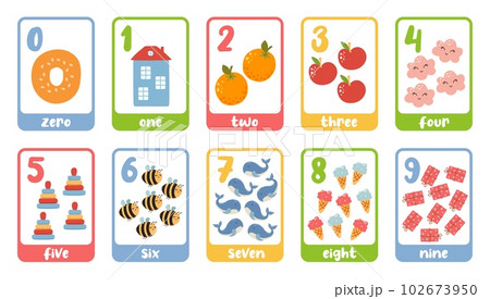 Vintage cartoon numbers cards. Educational children poster for teaching and learn kids to count and calculate vector illustration set 102673950