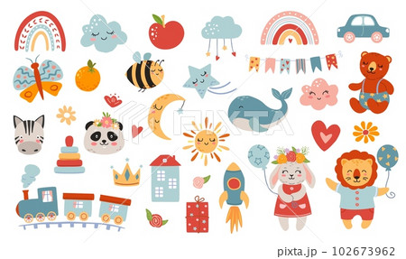 Vintage children room stickers. Kids doll boutique, baby bunny toys and bohemian nursery wall prints cartoon vector illustration set 102673962