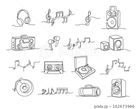 Continuous one line music illustrations. Linear headphones, audio speakers and scribble hand drawn notes vector set Continuous one line music illustrations. Linear headphones, audio speakers and scribble hand drawn notes vector set 102673966