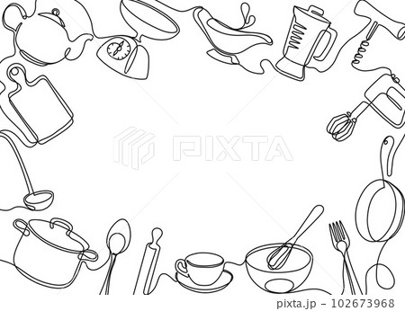 Continuous one line kitchen frame. Cooking utensils banner template, culinary gear and chefs tools hand drawn vector illustration Continuous one line kitchen frame. Cooking utensils banner template, culinary gear and chefs tools hand drawn vector illustration 102673968