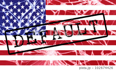 Dark inscription DEFAULT on the background of the US flag and cracks as a concept of economic destruction and economic crisis 102674426