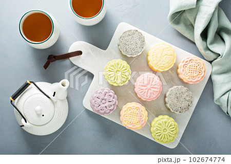Snow skin sweet and savory traditional Chinese mooncakes 102674774