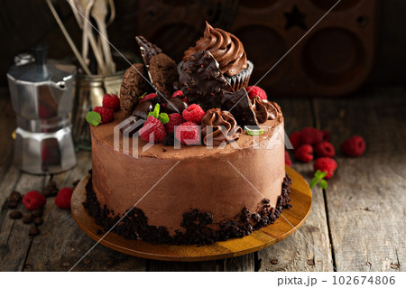Chocolate cake with ganache frosting and raspberry 102674806
