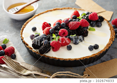 Summer berries and greek yogurt tart 102674833