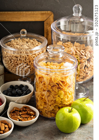 Cereal bar or buffet wih cornflakes, fruit and nuts Cereal bar or buffet wih cornflakes, fruit and nuts 102675123