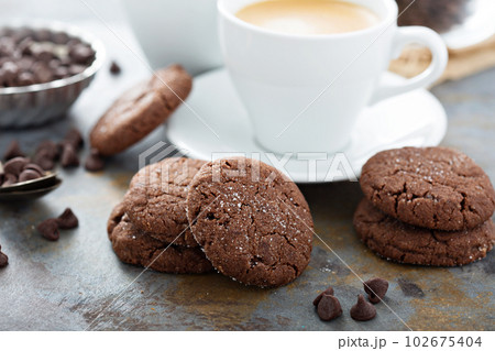 Chocolate cookies with sugar coating 102675404