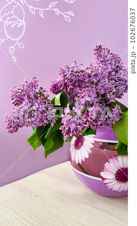 Blooming lilac in the garden against the blue sky and in the interior. Garden trees, country harvest. copy space Blooming lilac in the garden against the blue sky and in the interior. Garden trees, country harvest. copy space 102676037